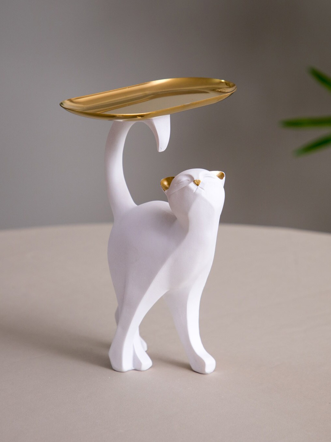 

THEDECORKART White & Gold-Toned Textured Cat Ceramic Figurine Showpiece