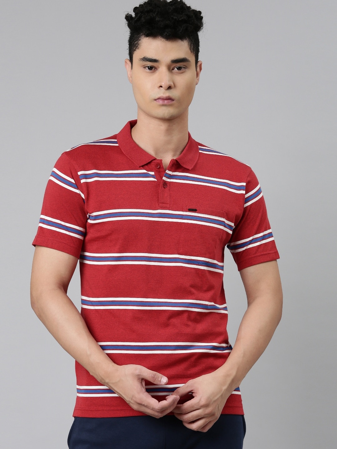 

Proline Striped Polo Collar Pockets Cotton T-shirt, Red