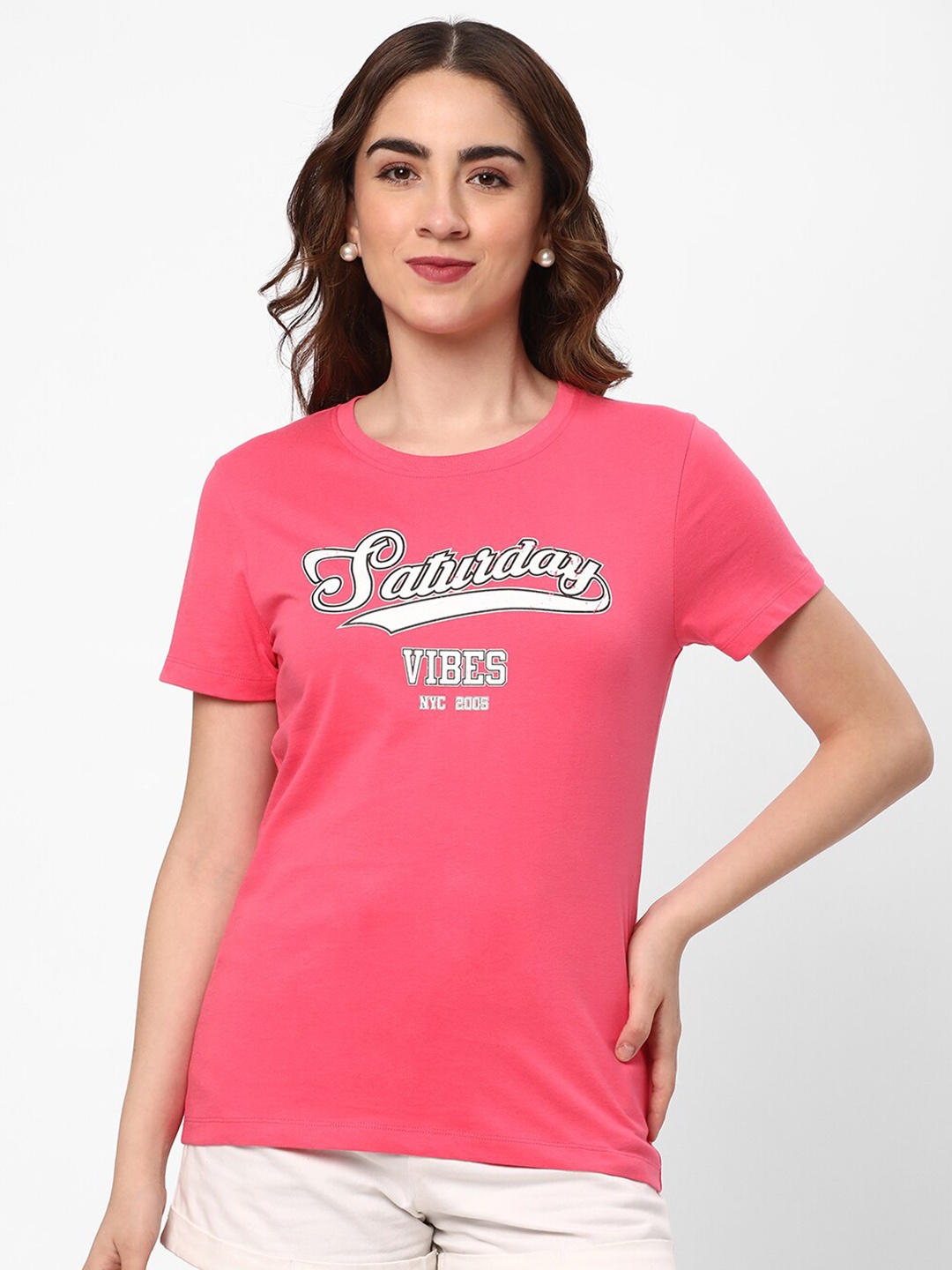 

R&B Typography Printed Round Neck Cotton T-shirt, Pink