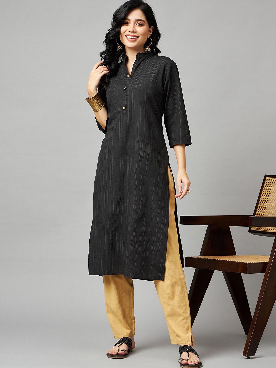 

KALINI Striped Mandarin Collar Chanderi Silk Straight Kurta, Black