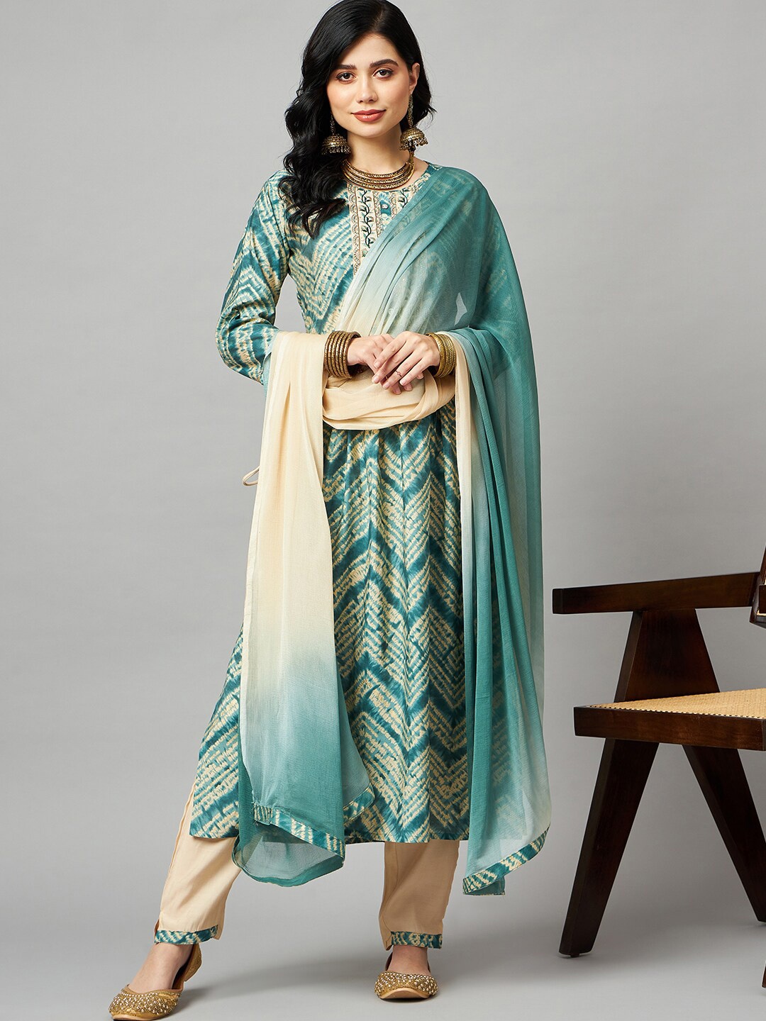 

KALINI Tie & Dye Kurta With Trousers & Dupatta, Blue