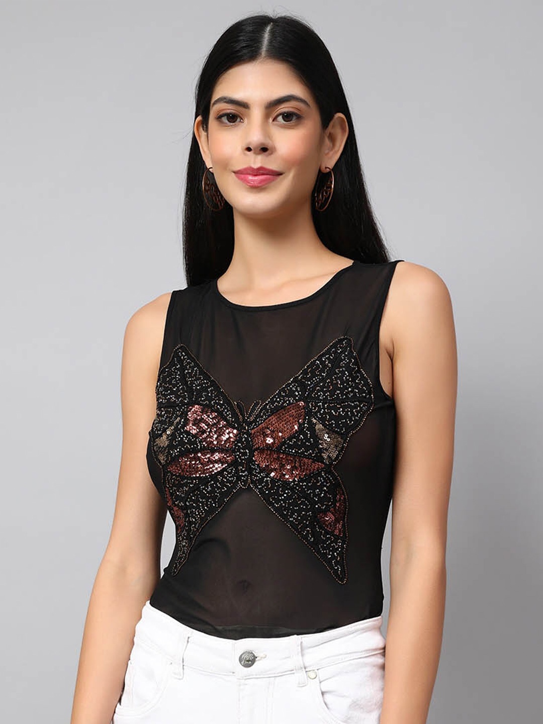 

Amagyaa Embellished Sequinned Detailed Net Top, Black