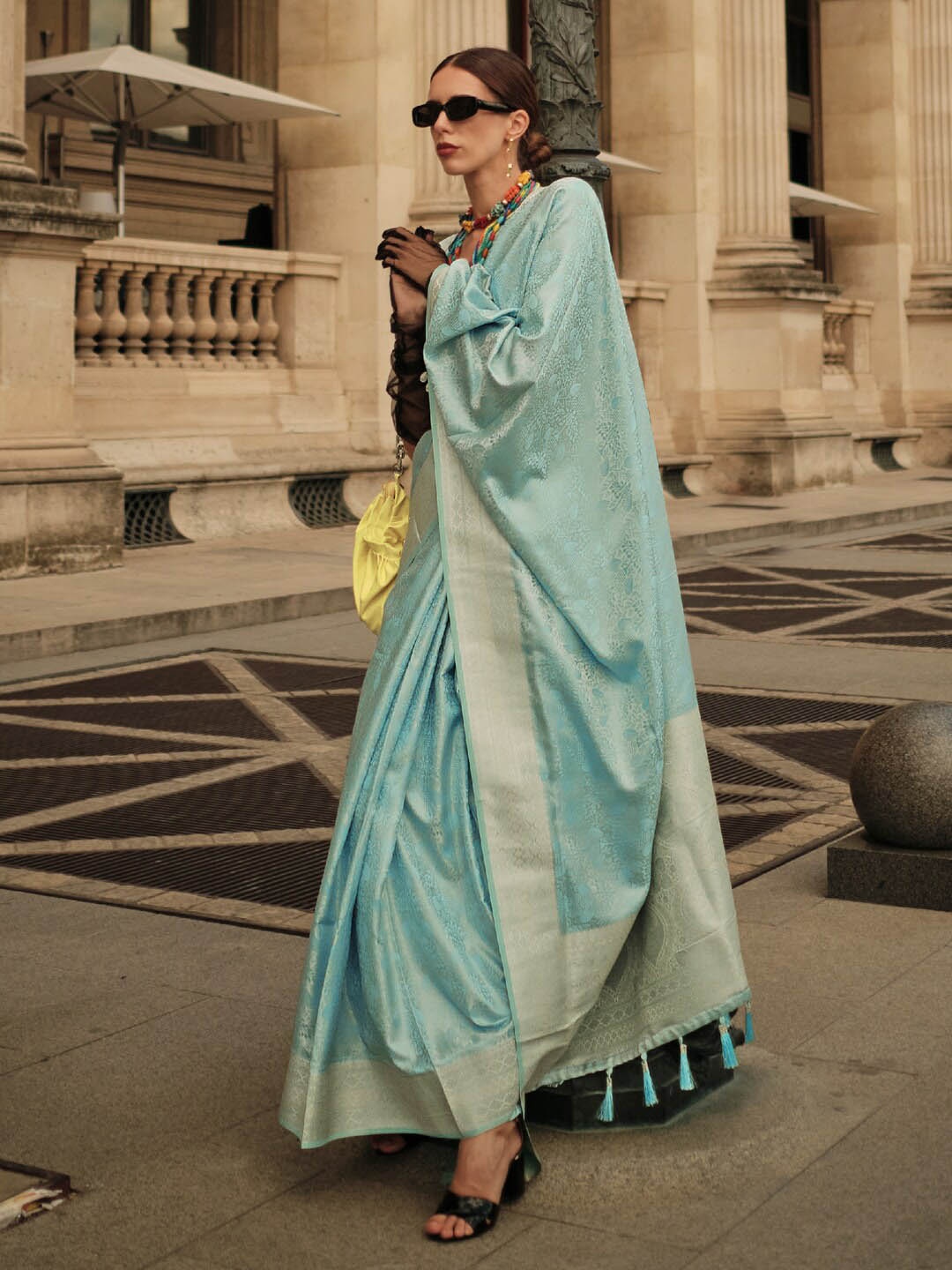 

Mitera Blue & Gold-Toned Floral Woven Design Zari Satin Silk Banarasi Saree