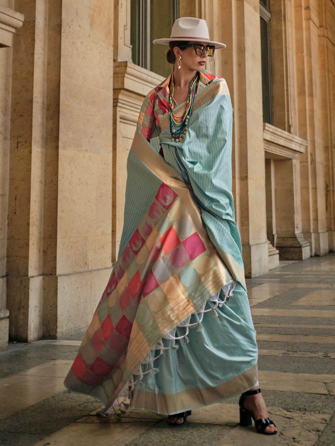 

Mitera Blue & Pink Striped Zari Pure Silk Banarasi Saree