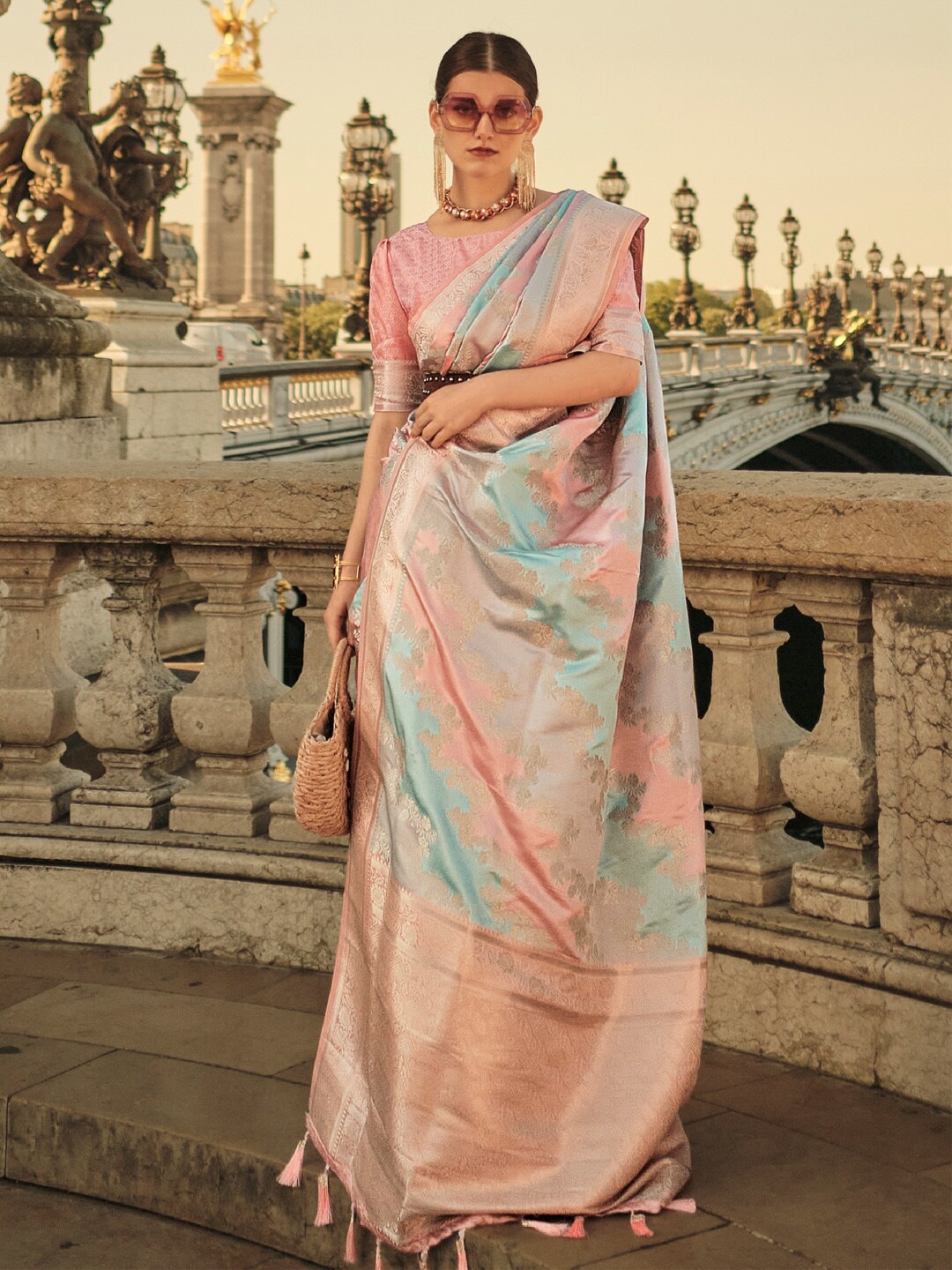 

Mitera Peach-Coloured & Blue Woven Design Zari Satin Banarasi Saree