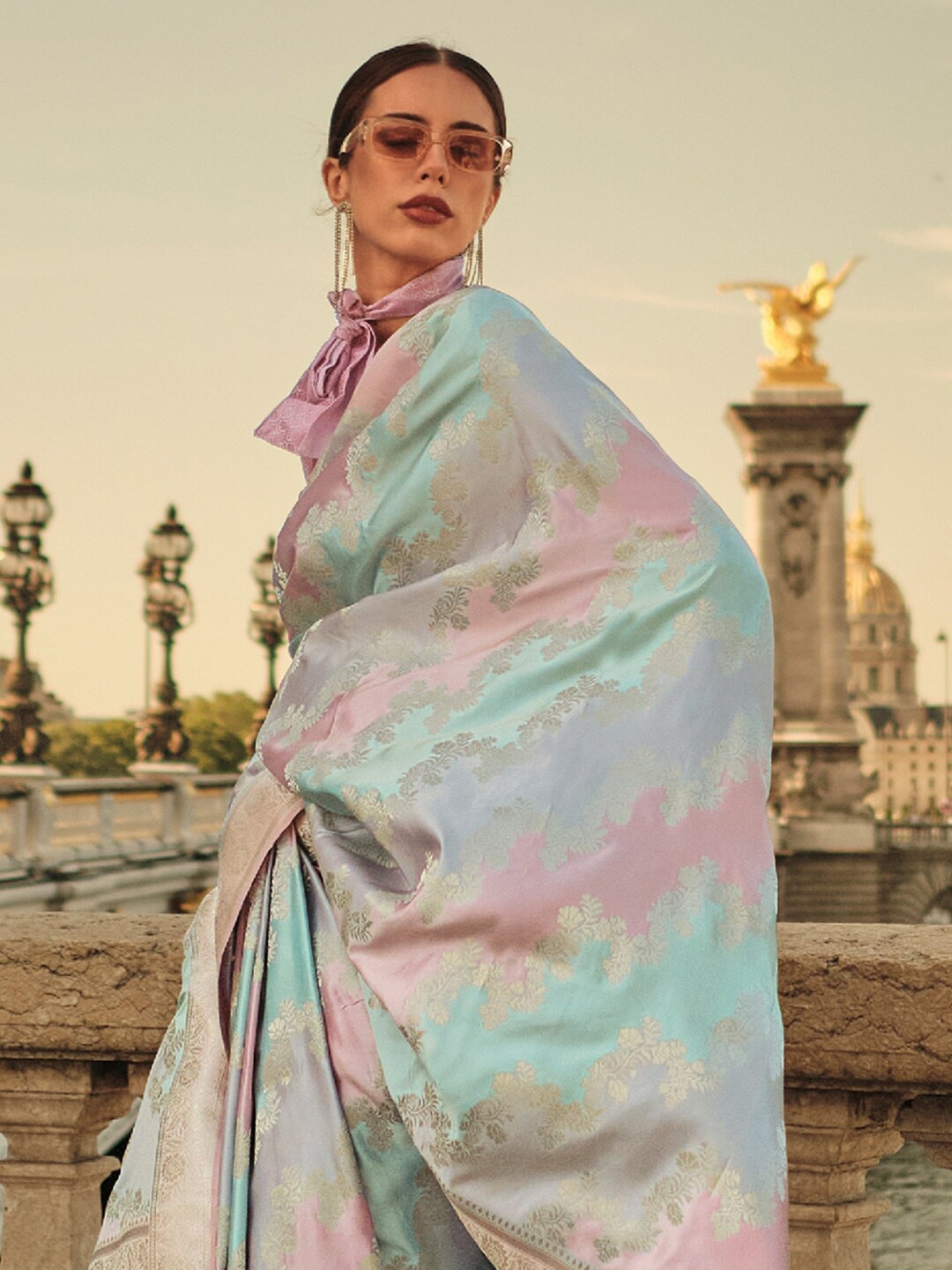 

Mitera Blue Floral Woven Design Zari Detailed Satin Saree