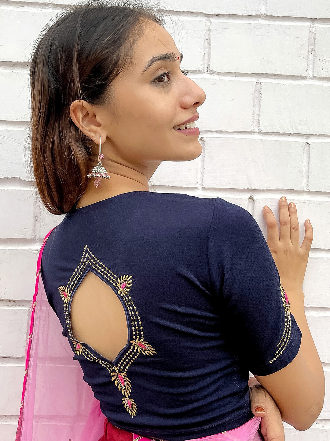 

Bindigasm's Advi Embroidery Cotton Saree Blouse, Navy blue