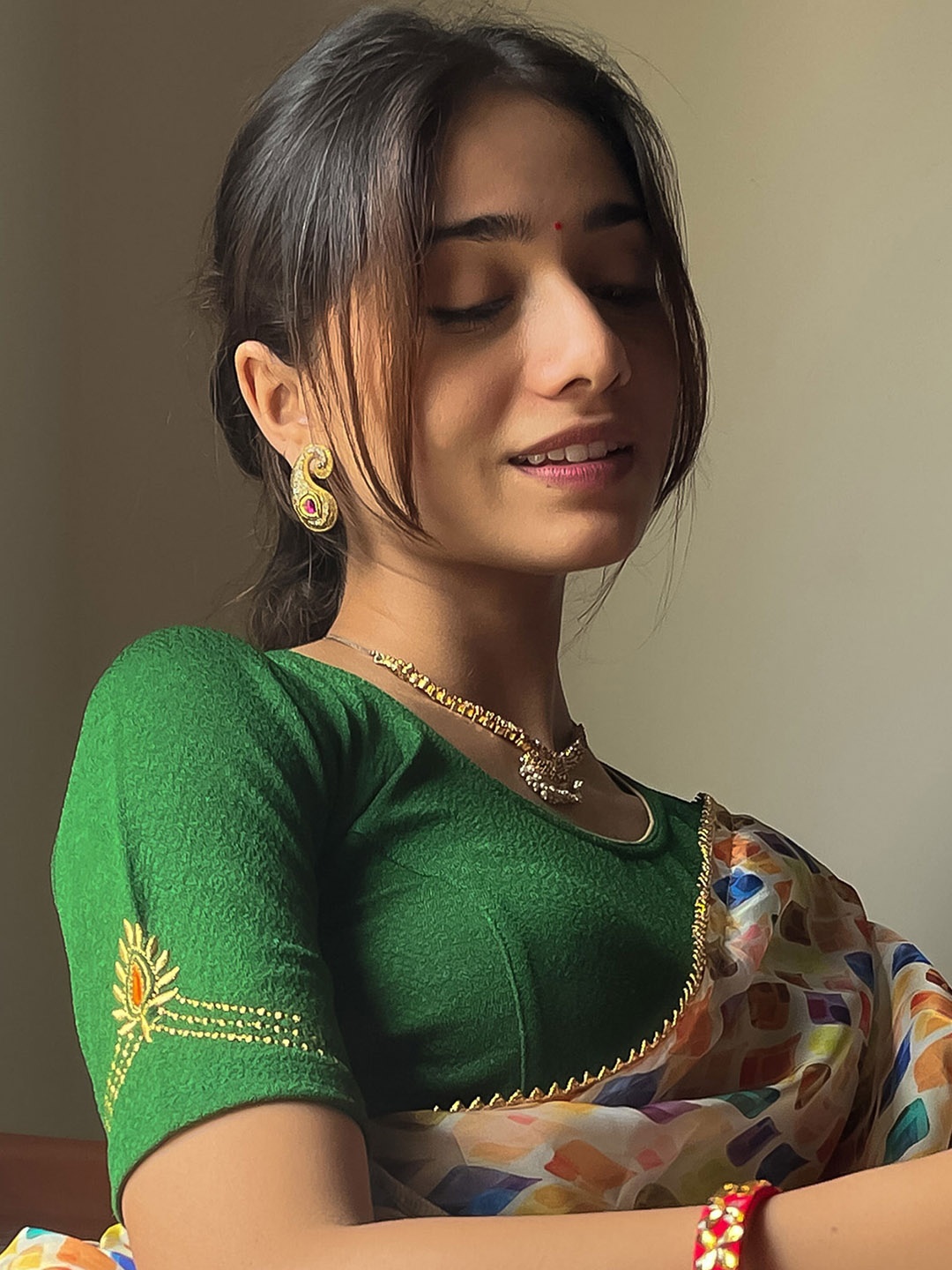 

Bindigasm's Advi Embroidered Stretchable Cotton Saree Blouse, Green