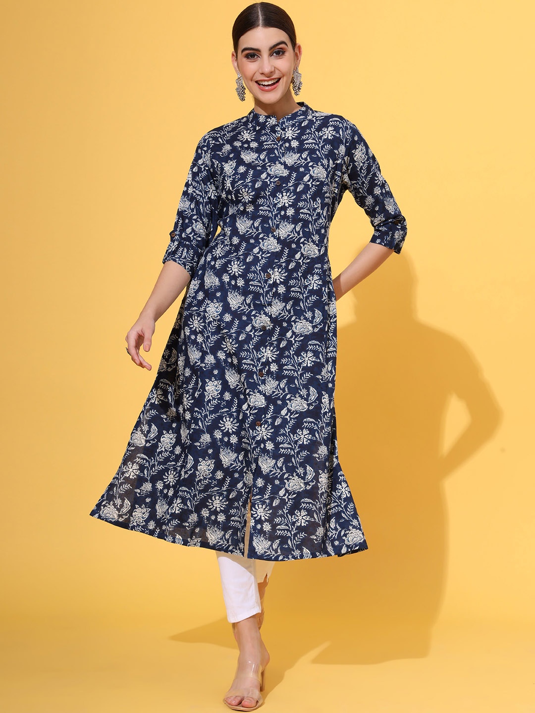 

KALINI Floral Printed Mandarin Collar A-Line Kurta, Blue