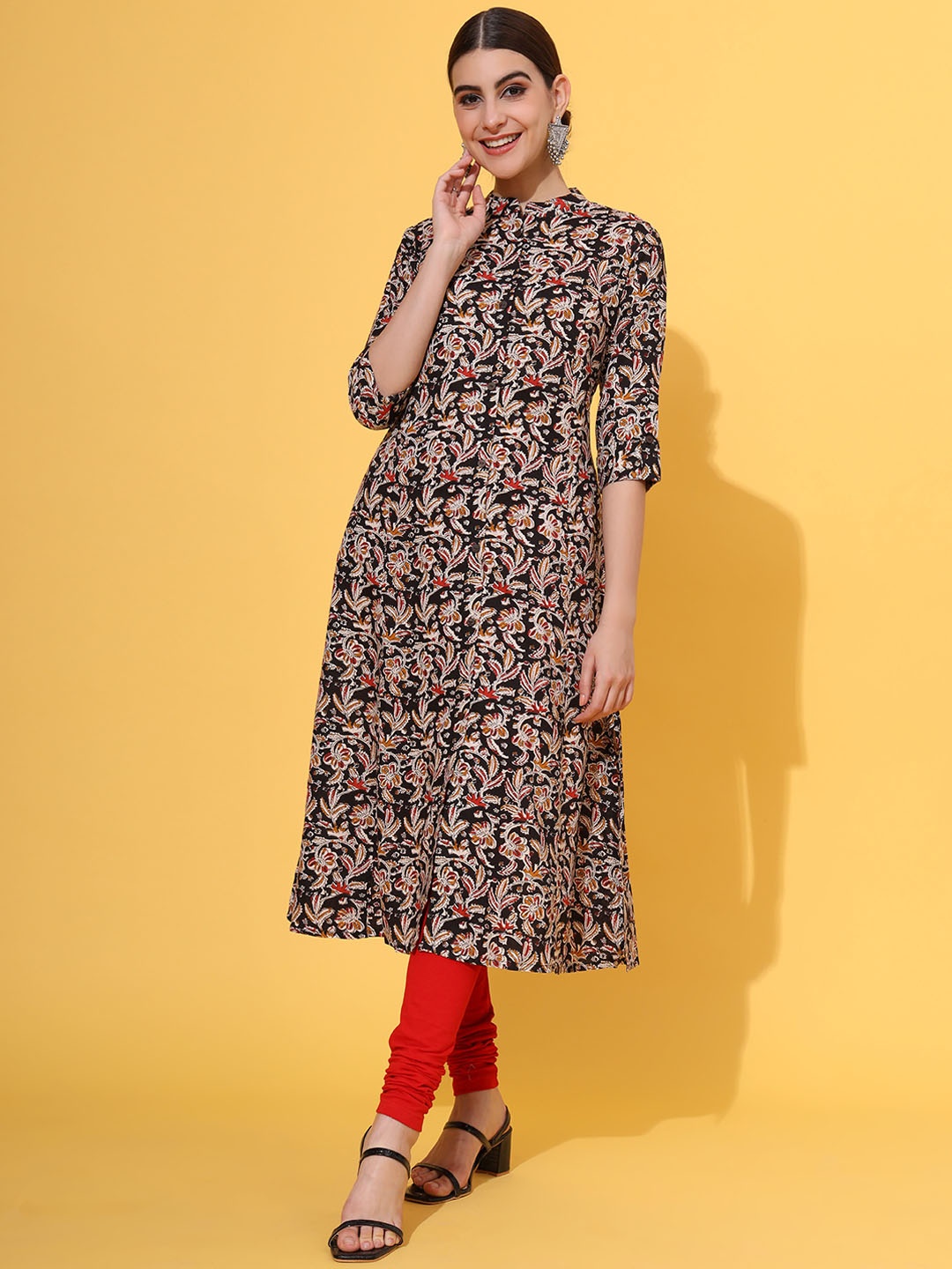 Vbuyz Floral Printed Mandarin Collar A-Line Kurta, Black