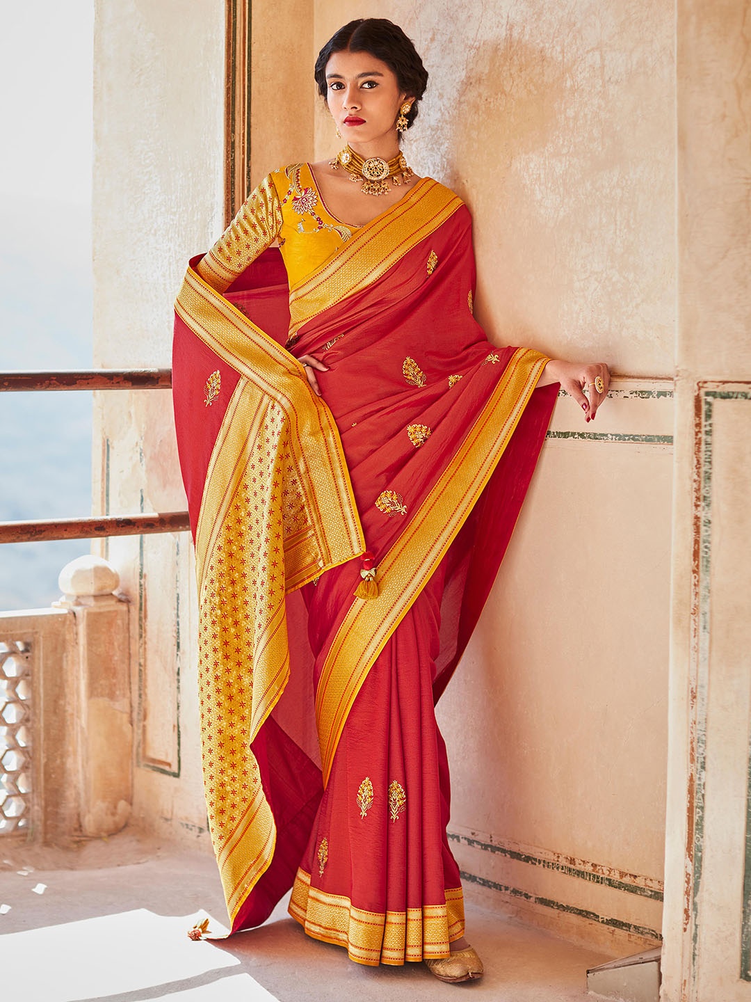 

Mitera Red & Orange Floral Embroidered Zari Saree