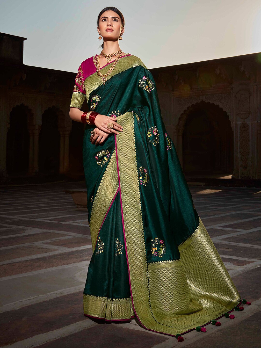 

Mitera Ethnic Motifs Printed Zari Pure Silk Saree, Green