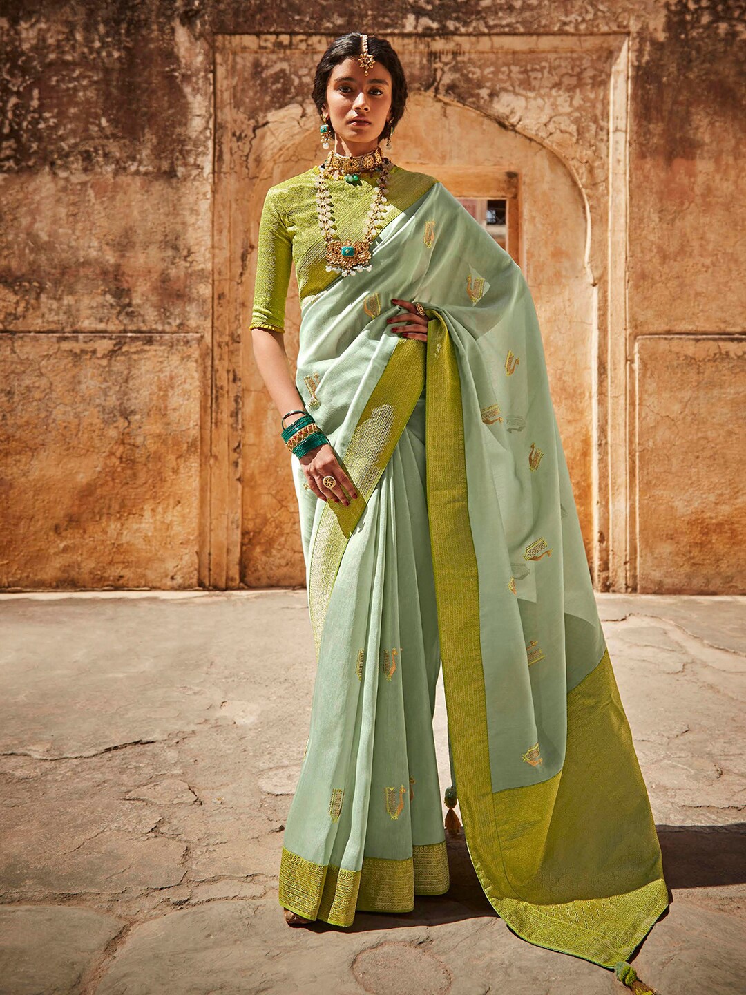

Mitera Ethnic Motifs Embroidered Zari Banarasi Saree, Sea green