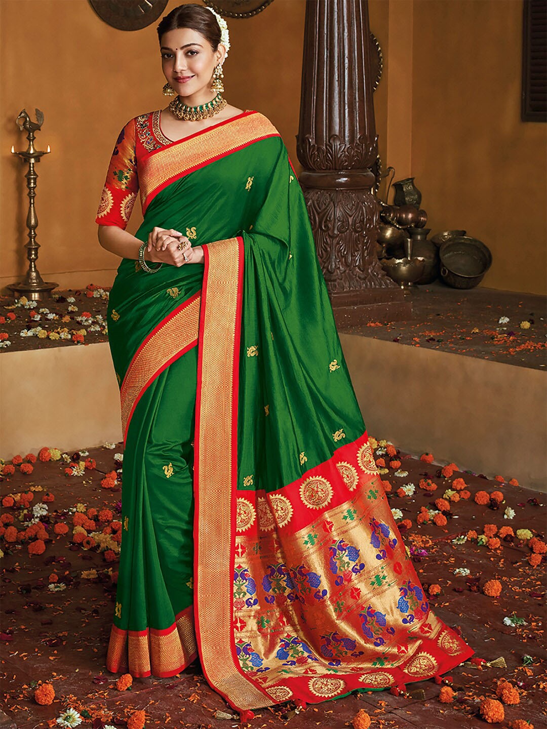

Mitera Green & Red Ethnic Motifs Woven Design Zari Silk Blend Paithani Saree