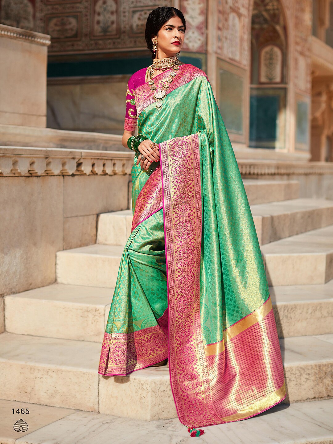 

Mitera Sea Green Ethnic Motifs Woven Design Zari Detailed Kanjeevaram Saree