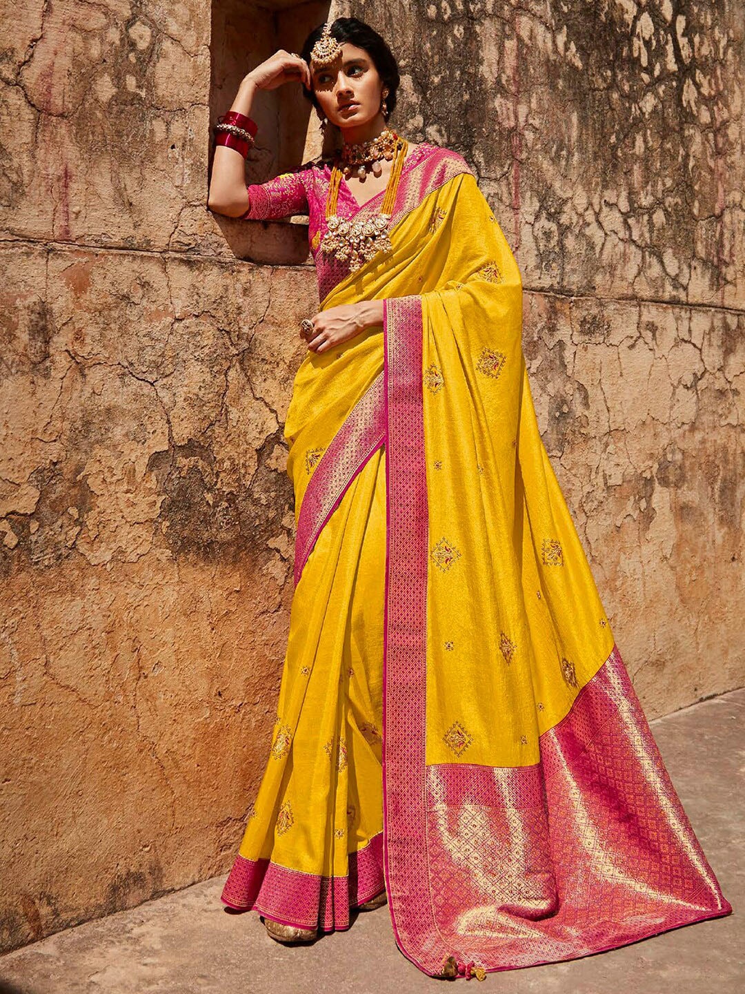 

Mitera Yellow & Red Woven Design Zari Saree