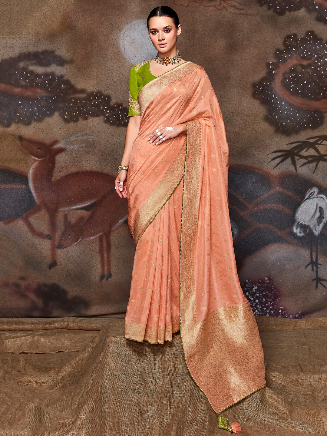 

Mitera Peach-Coloured & Green Woven Design Zari Saree
