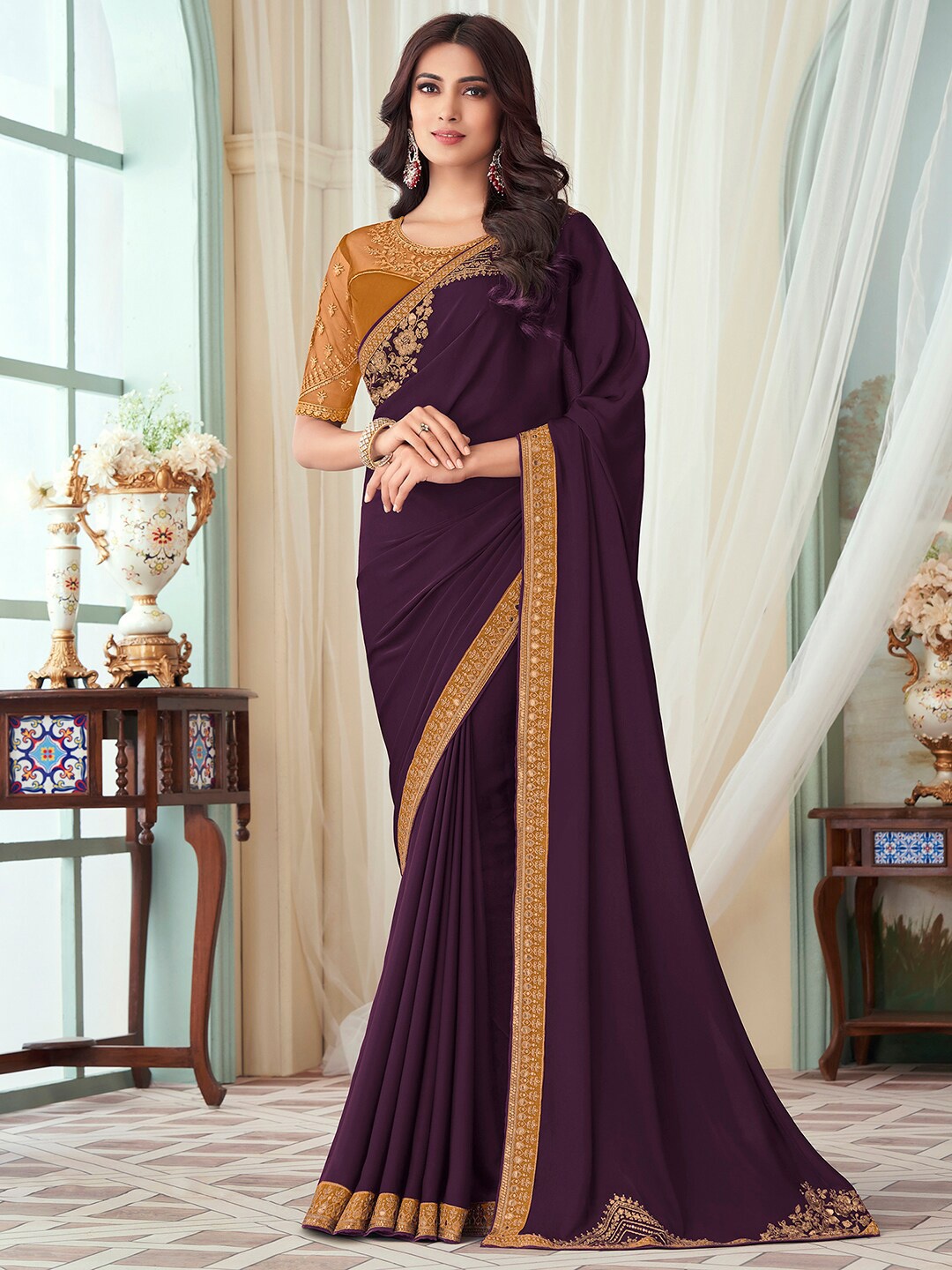 

Mitera Purple Sequinned Satin Saree