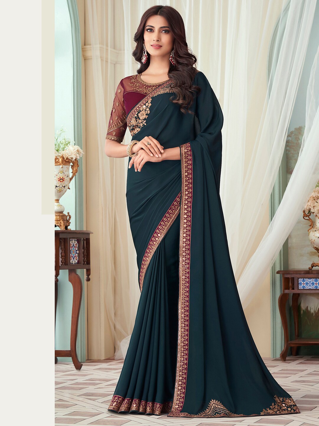

Mitera Teal Sequinned Detail Satin Saree