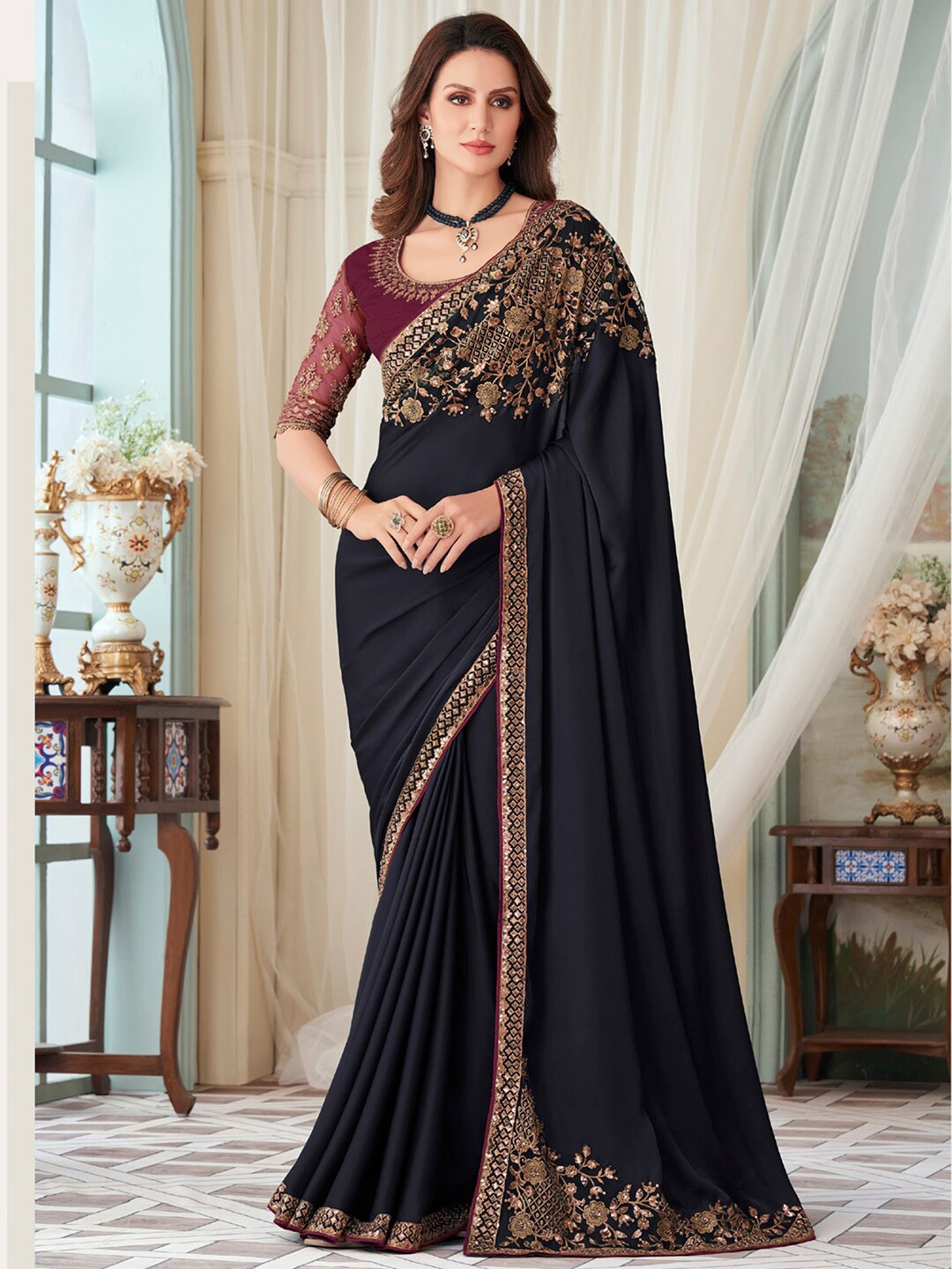 

Mitera Navy Blue Embellished Sequinned Satin Saree