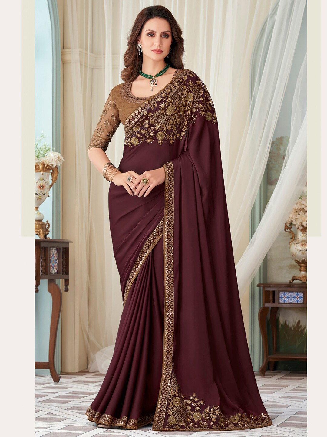 

Mitera Maroon Sequinned Satin Saree