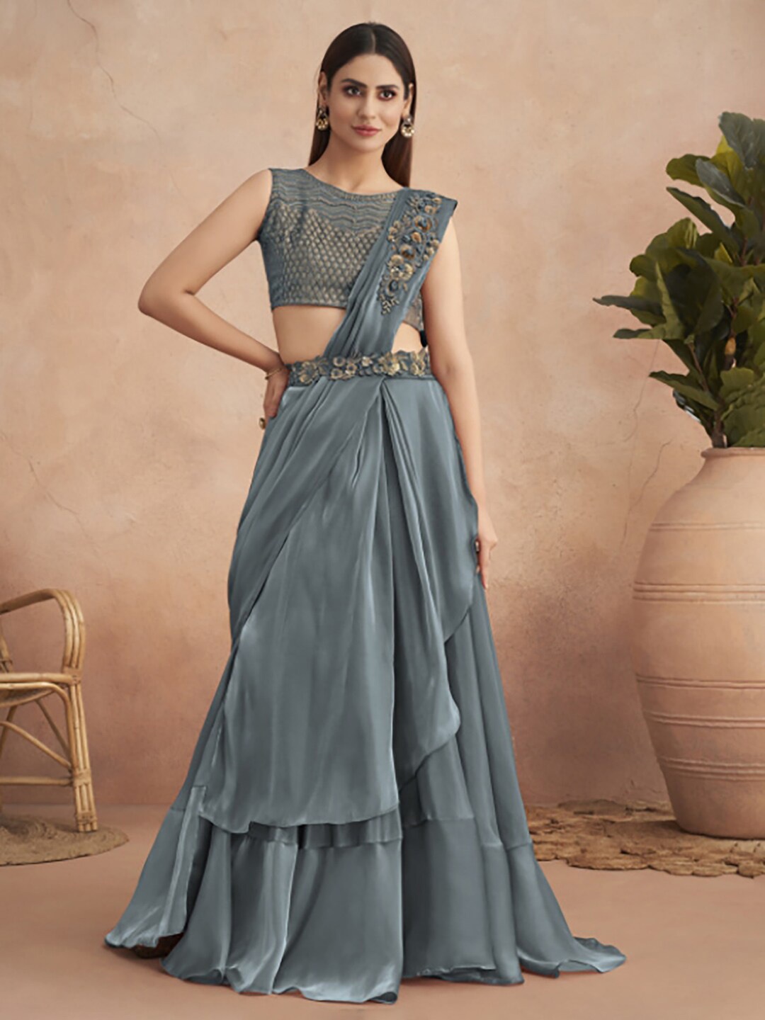 

Mitera Satin Lehenga Saree, Metallic
