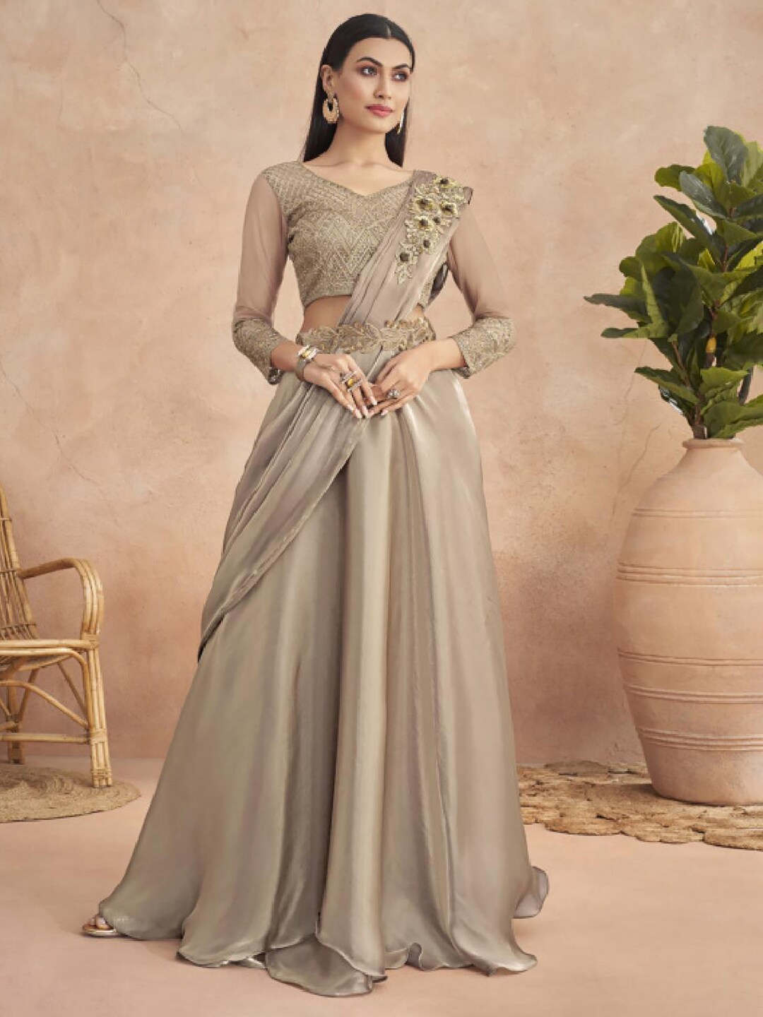

Mitera Beige Embroidered Detail Satin Lehenga Saree
