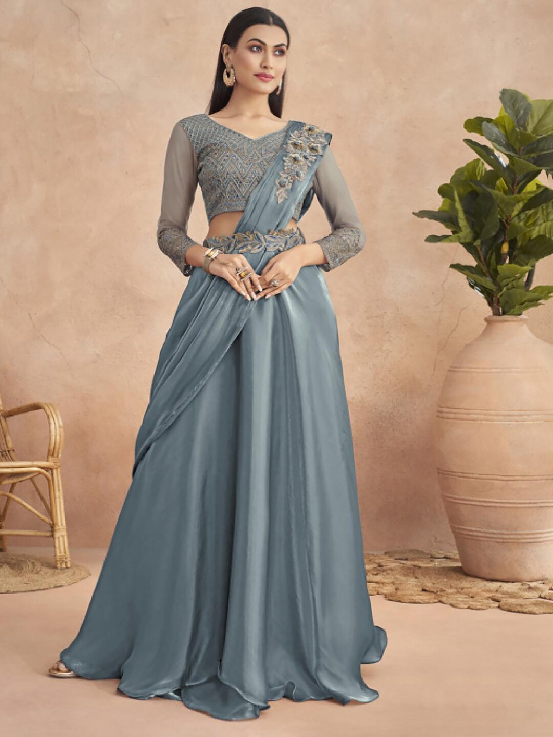 

Mitera Blue Embroidered Detail Satin Lehenga Saree