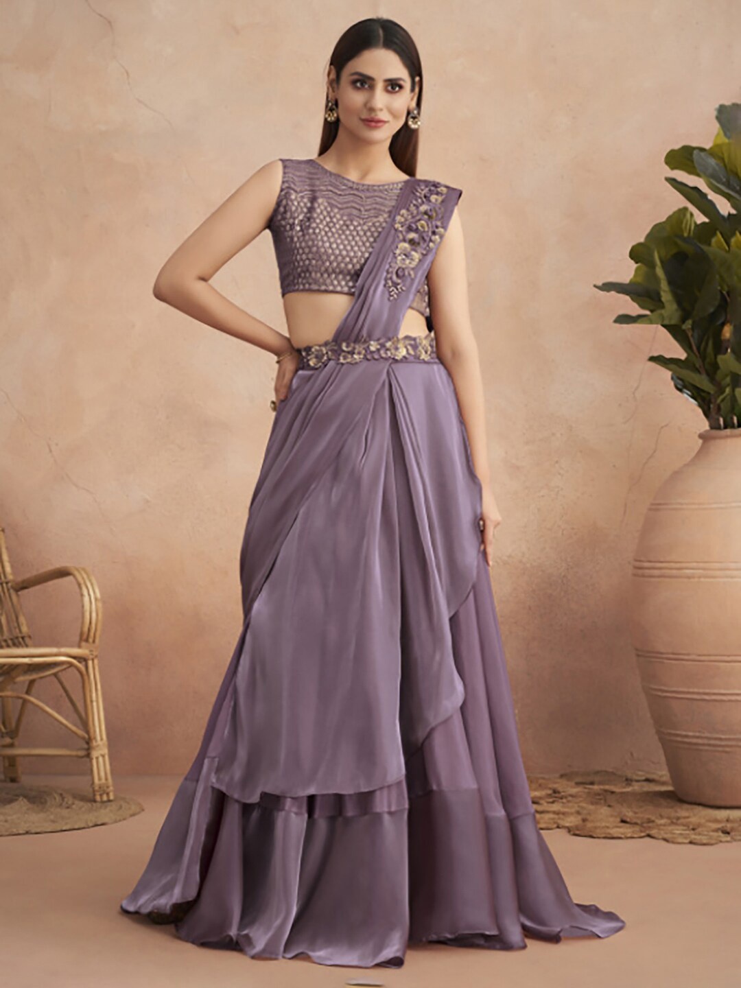 

Mitera Lavender Satin Lehenga Saree