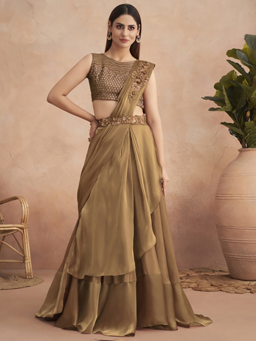 

Mitera Bronze Toned Embroidered Satin Lehenga Saree