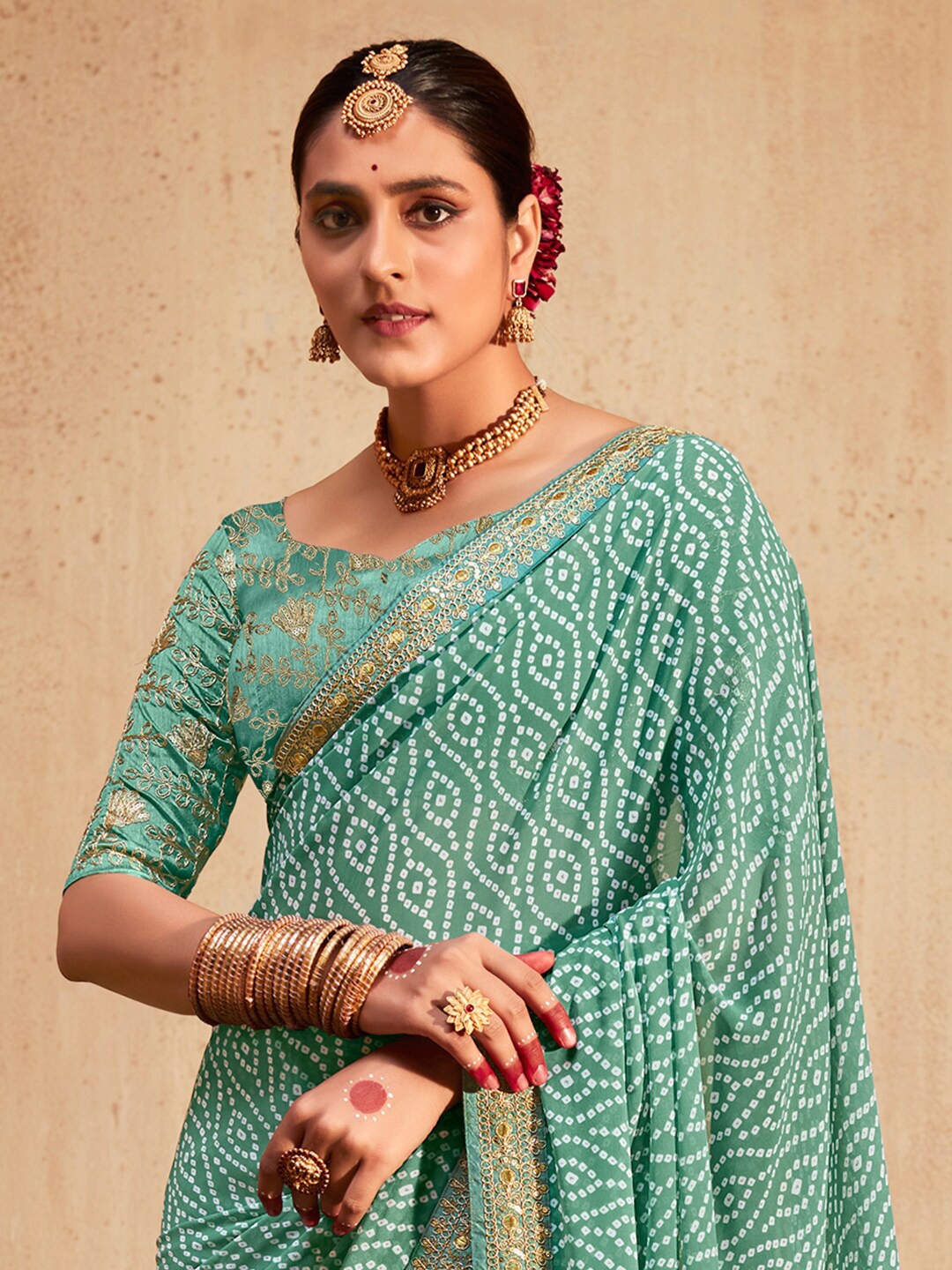 

Mitera Sea Green Bandhani Printed Pure Georgette Saree