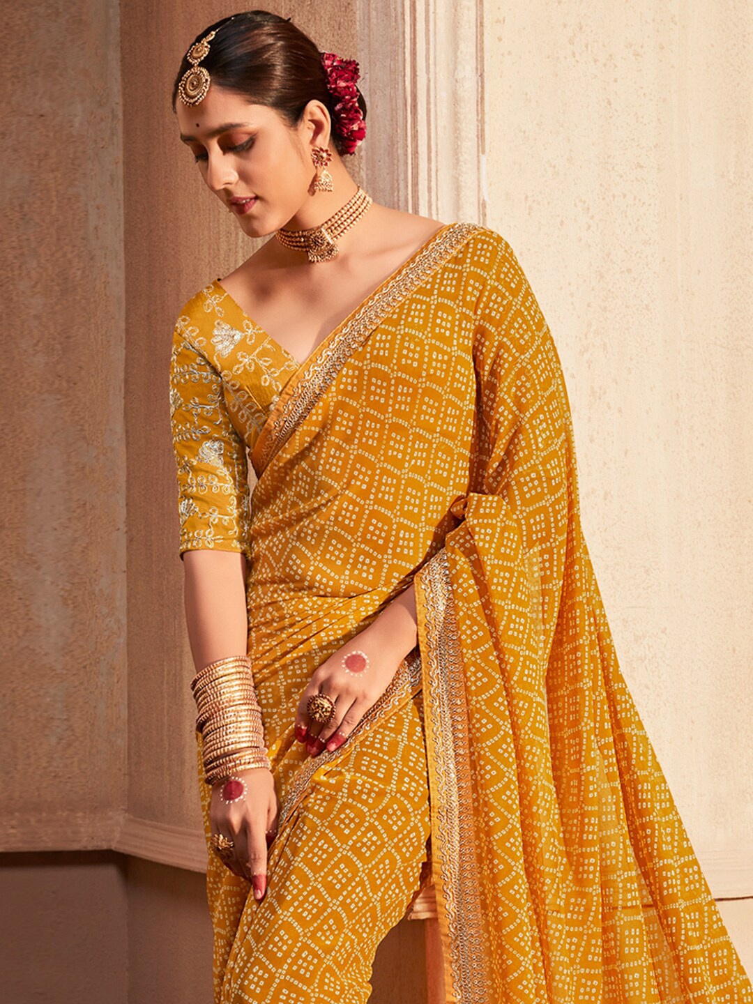 

Mitera Mustard & White Bandhani Printed Pure Georgette Saree