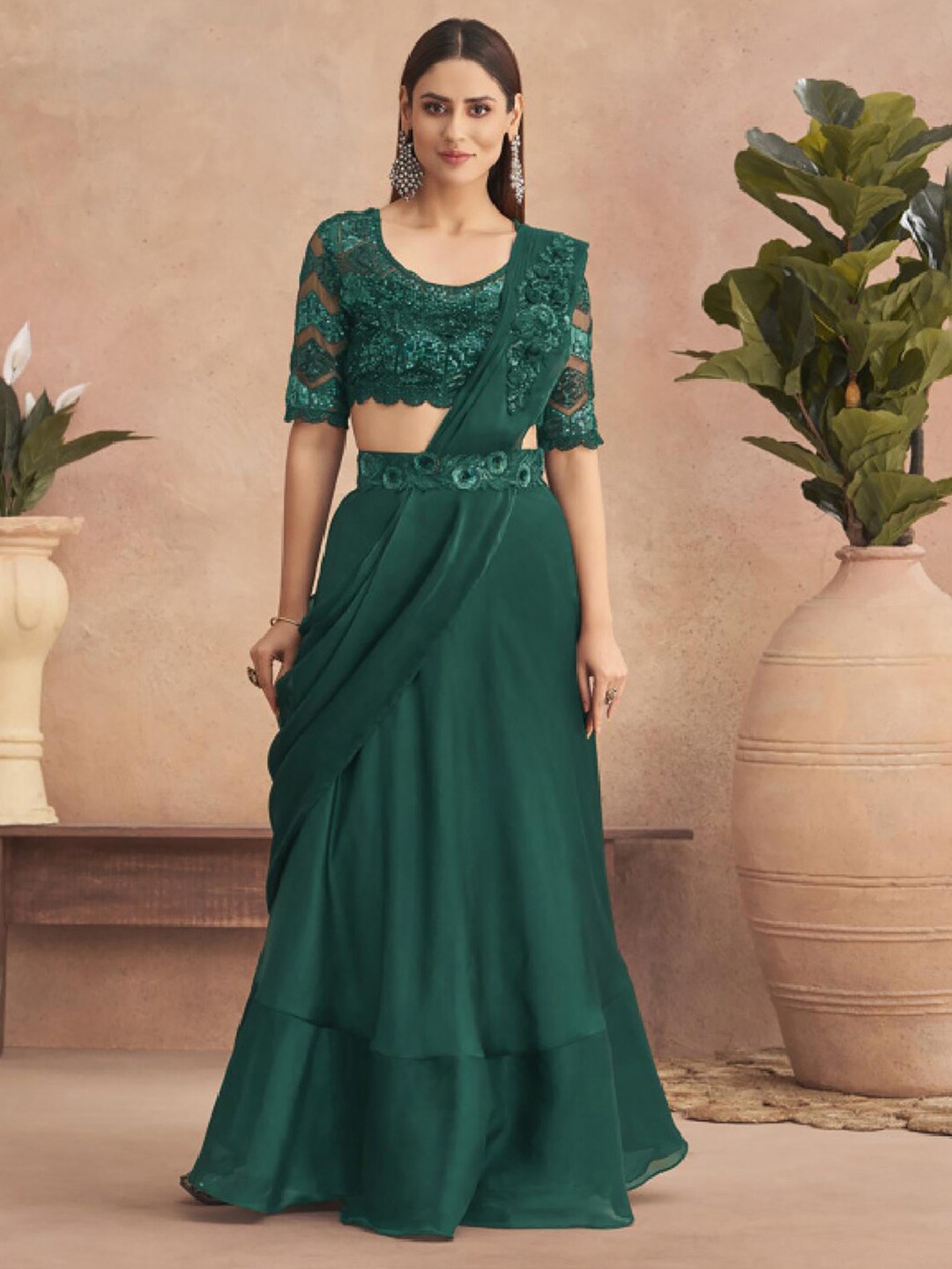 

Mitera Green Embroidered Satin Lehenga Saree