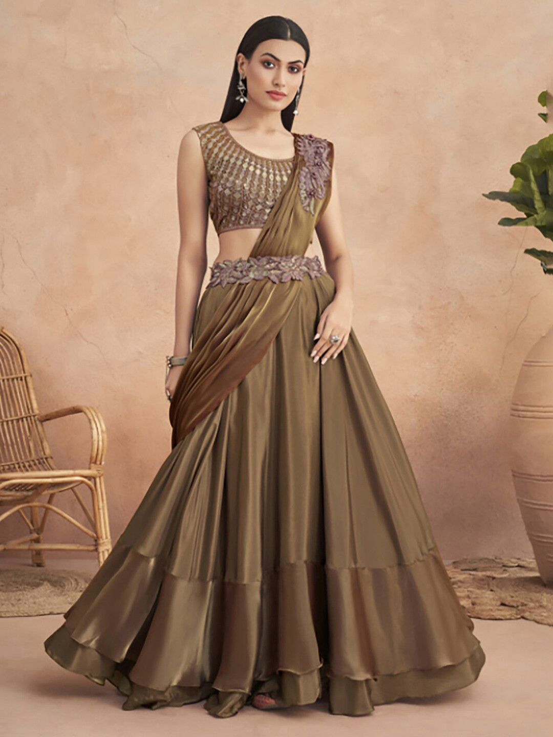 

Mitera Camel Brown Embroidered Satin Lehenga Saree