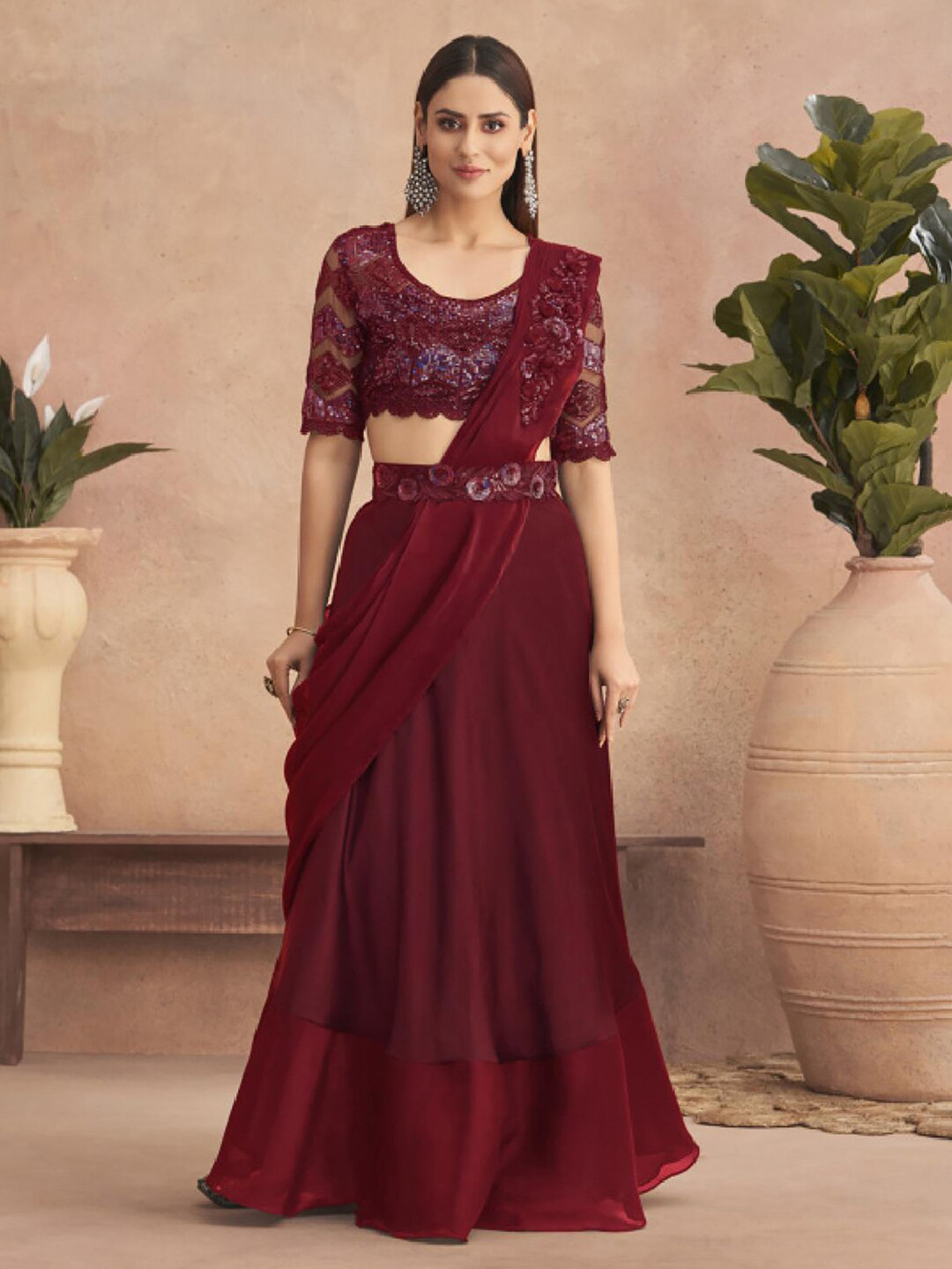 

Mitera Maroon Satin Lehenga Saree
