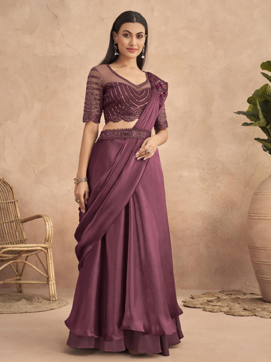 

Mitera Magenta Embellished Patchwork Satin Lehenga Saree