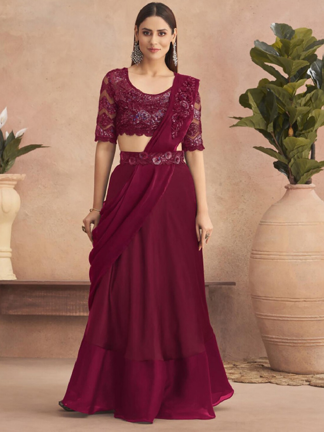 

Mitera Magenta Embellished Satin Lehenga Saree