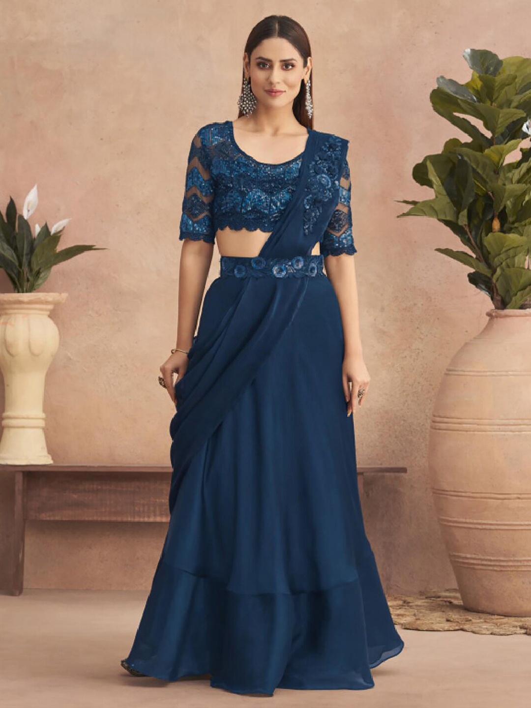 

Mitera Blue Embellished Satin Lehenga Saree