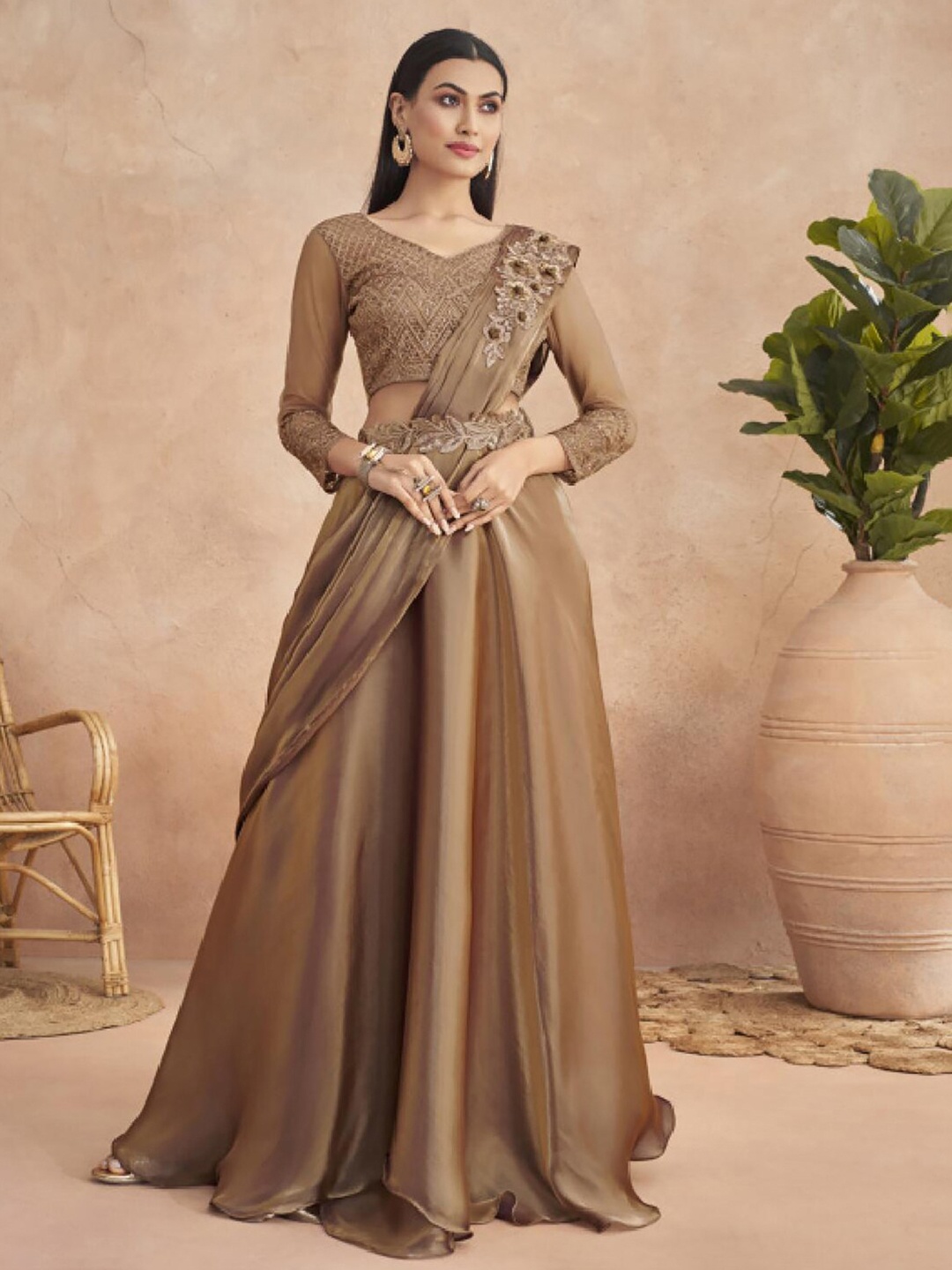 

Mitera Brown Embellished Patchwork Satin Lehenga Saree