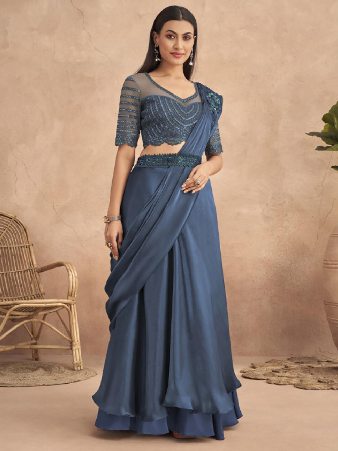 

Mitera Navy Blue Embellished Patchwork Satin Lehenga Saree