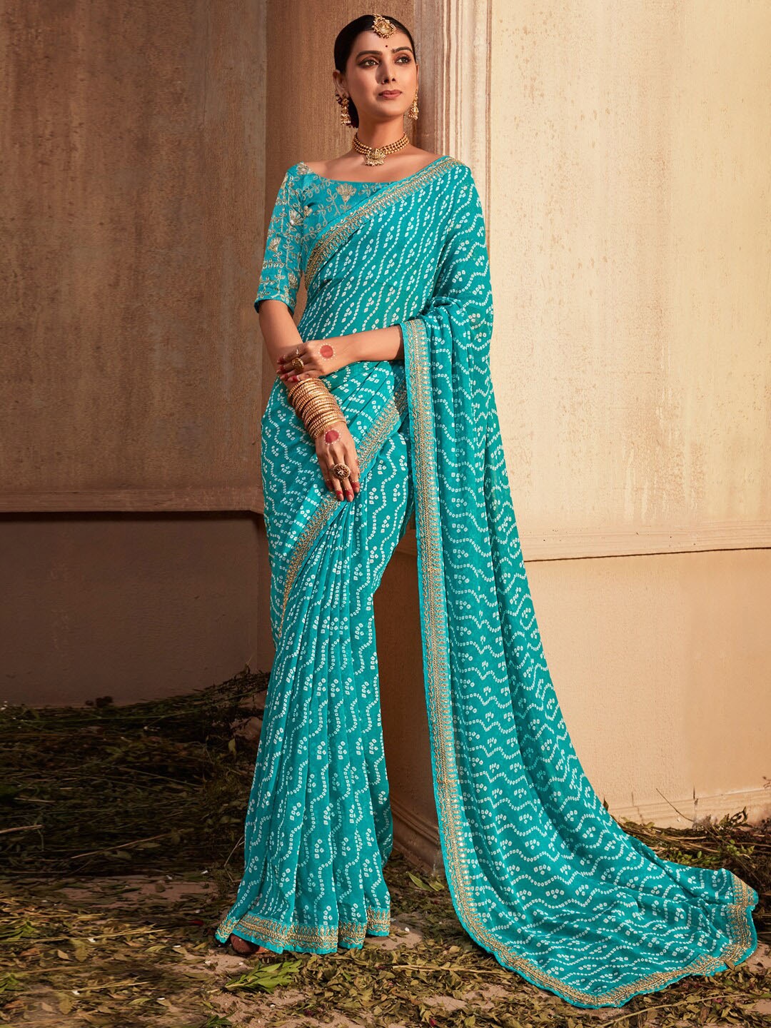 

Mitera Blue Bandhani Printed Embroidered Detailed Poly Georgette Saree