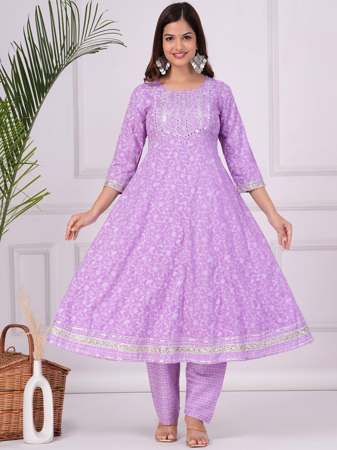 

SP DESIGNS Floral Printed Angrakha Mirror Work Kurta With Trousers & Dupatta, Purple