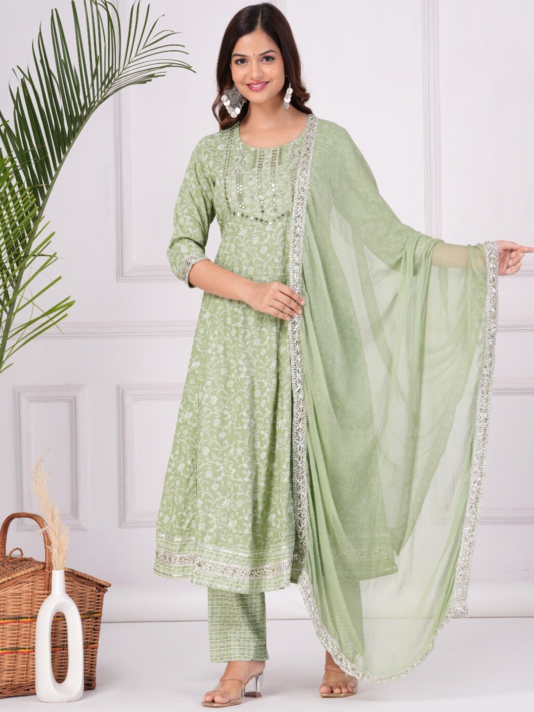 

SP DESIGNS Floral Printed Angrakha Mirror Work Kurta With Trousers & Dupatta, Green