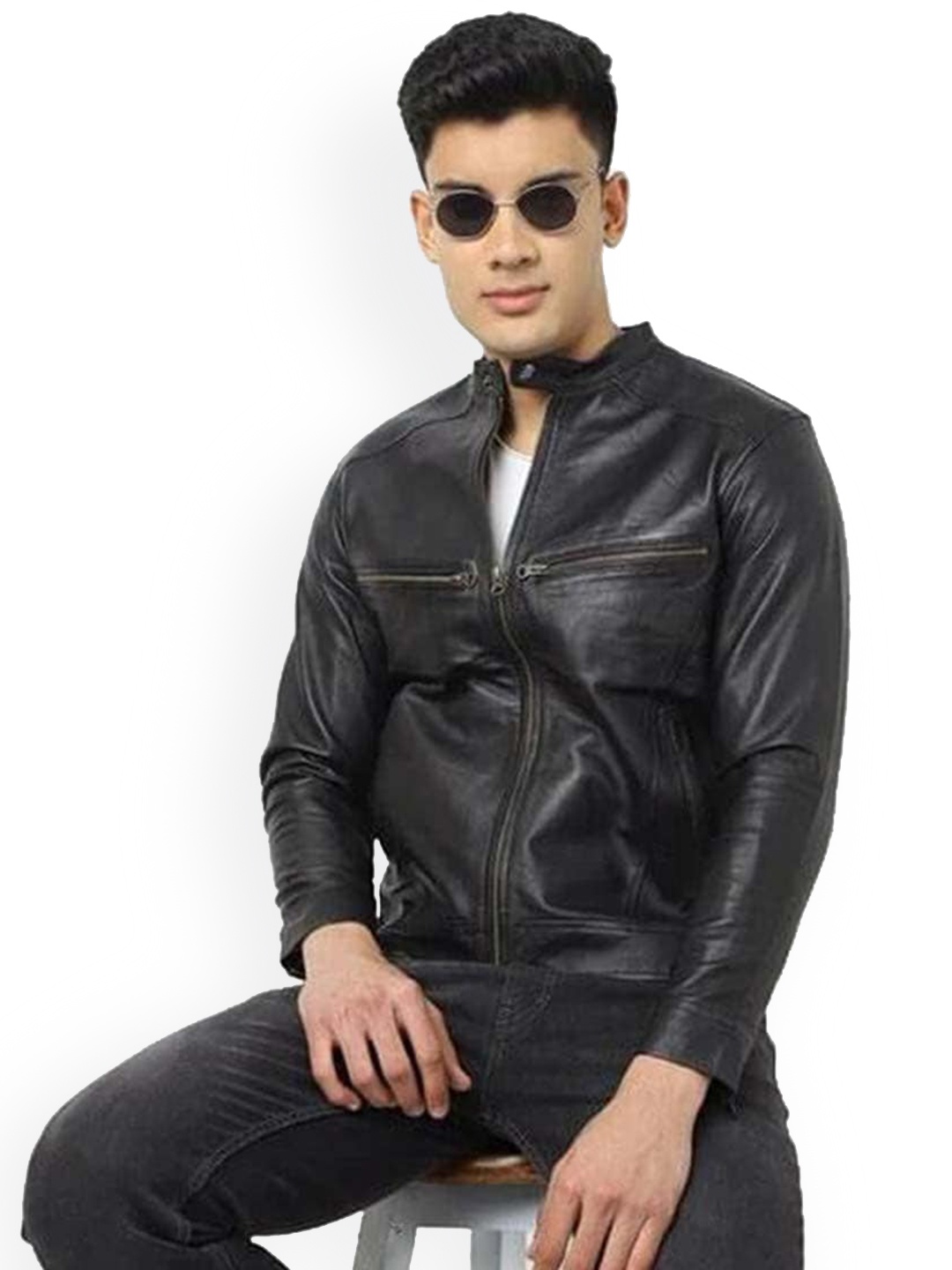 

Tortoise Men Black Striped Leather Lightweight Biker Jacket