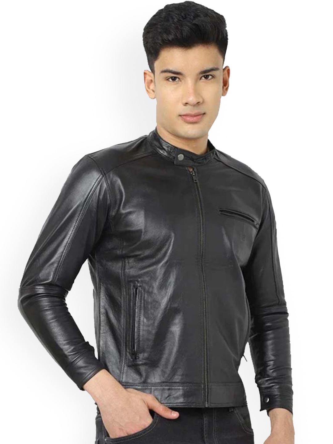 

Tortoise Men Black Leather Lightweight Crop Bomber Jacket