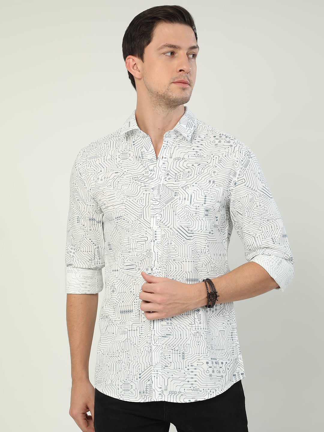 

CP BRO India Slim Abstract Printed Slim Fit Cotton Casual Shirt, White