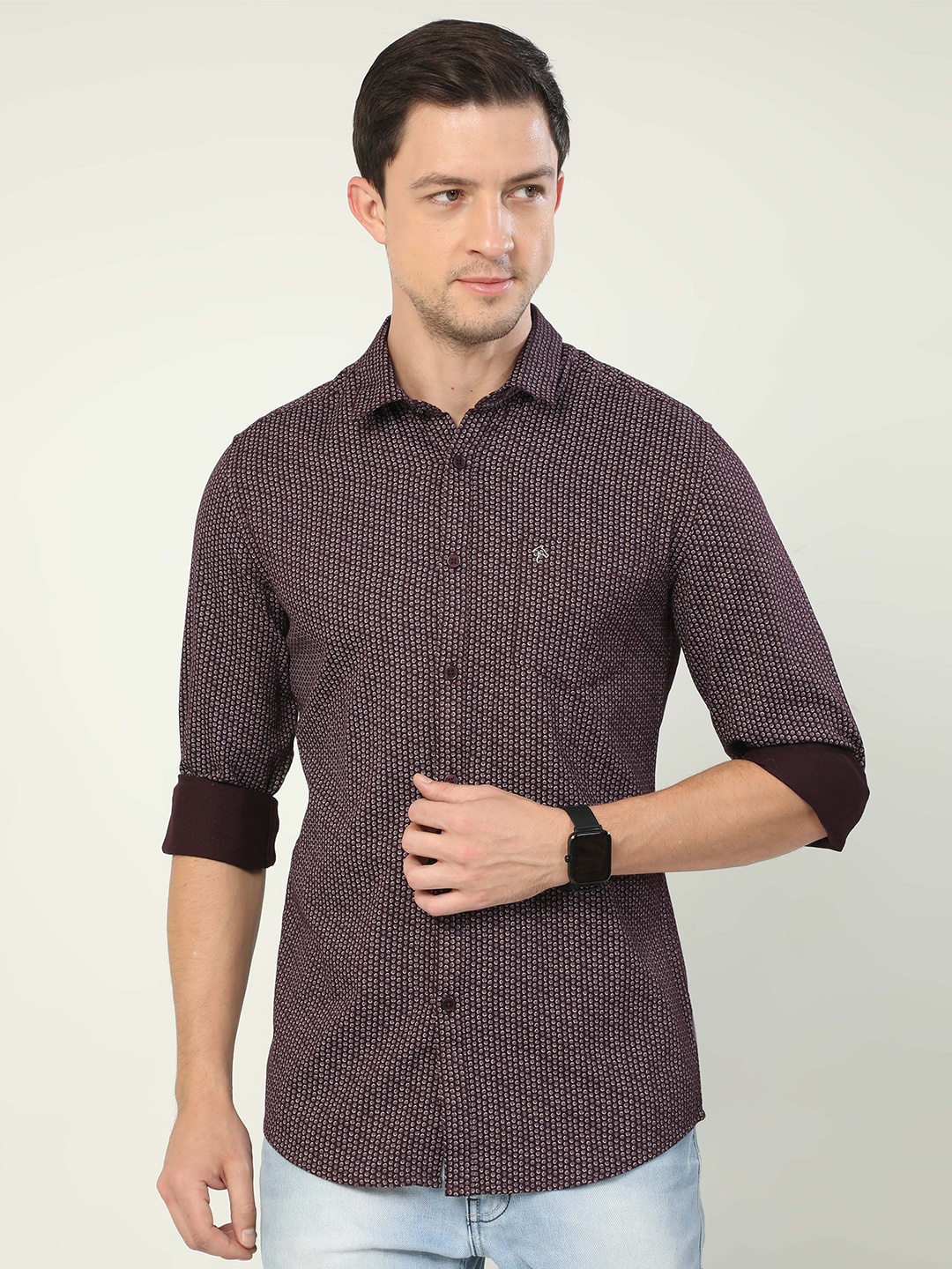 

CP BRO India Slim Micro Ditsy Printed Slim Fit Cotton Casual Shirt, Burgundy