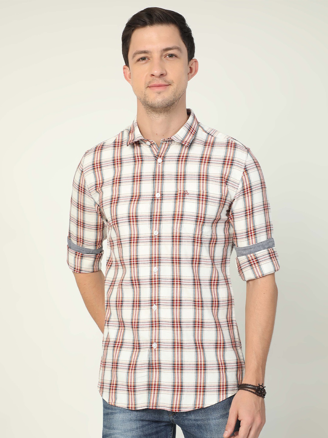 

CP BRO India Slim Fit Checked Cotton Casual Shirt, Cream