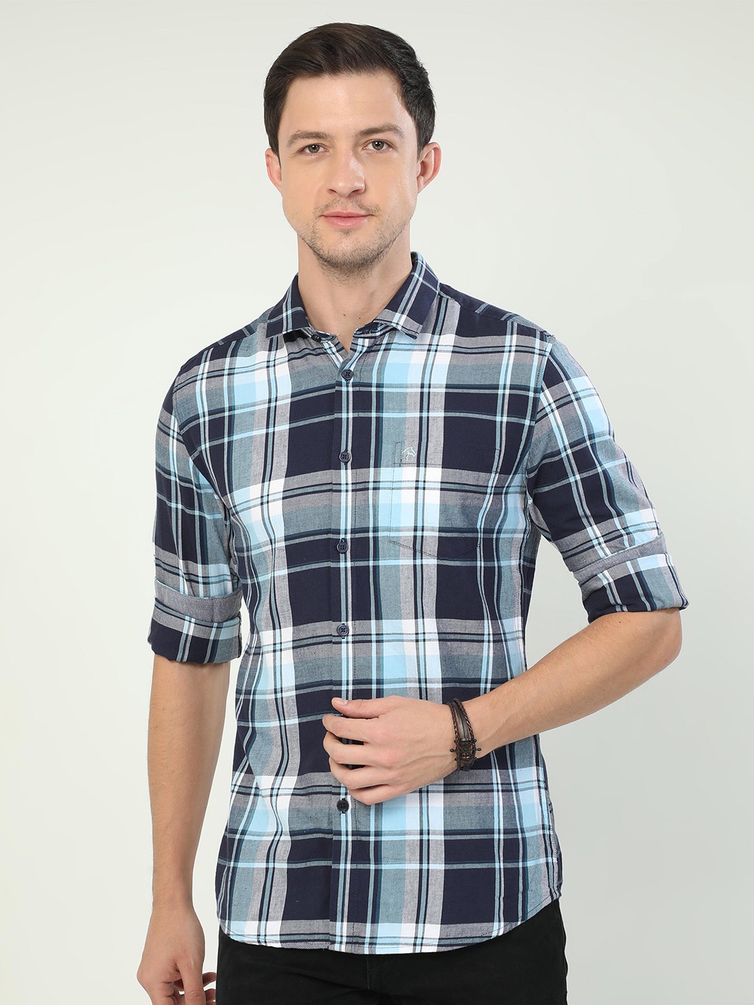 

CP BRO Tartan Checks Slim Fit Opaque Cotton Casual Shirt, Navy blue