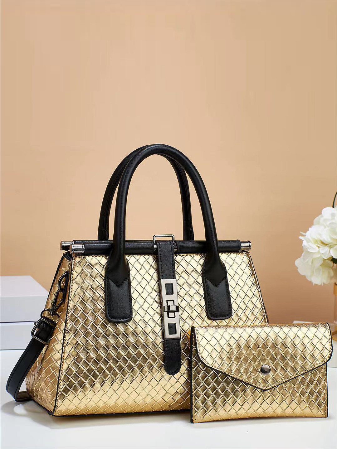 

Angeline Checked Structured Handheld Bag, Gold